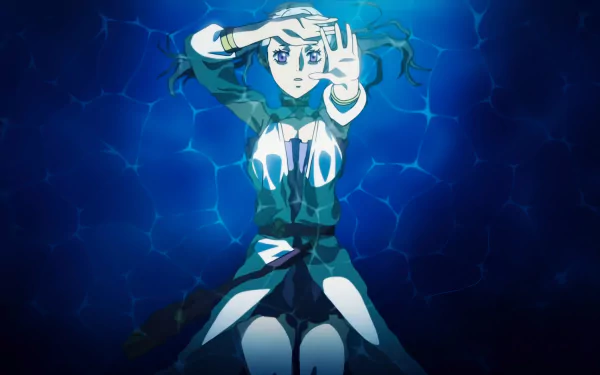 HD desktop wallpaper featuring Noelle Silva from Black Clover with striking purple eyes, set against a dynamic blue background.