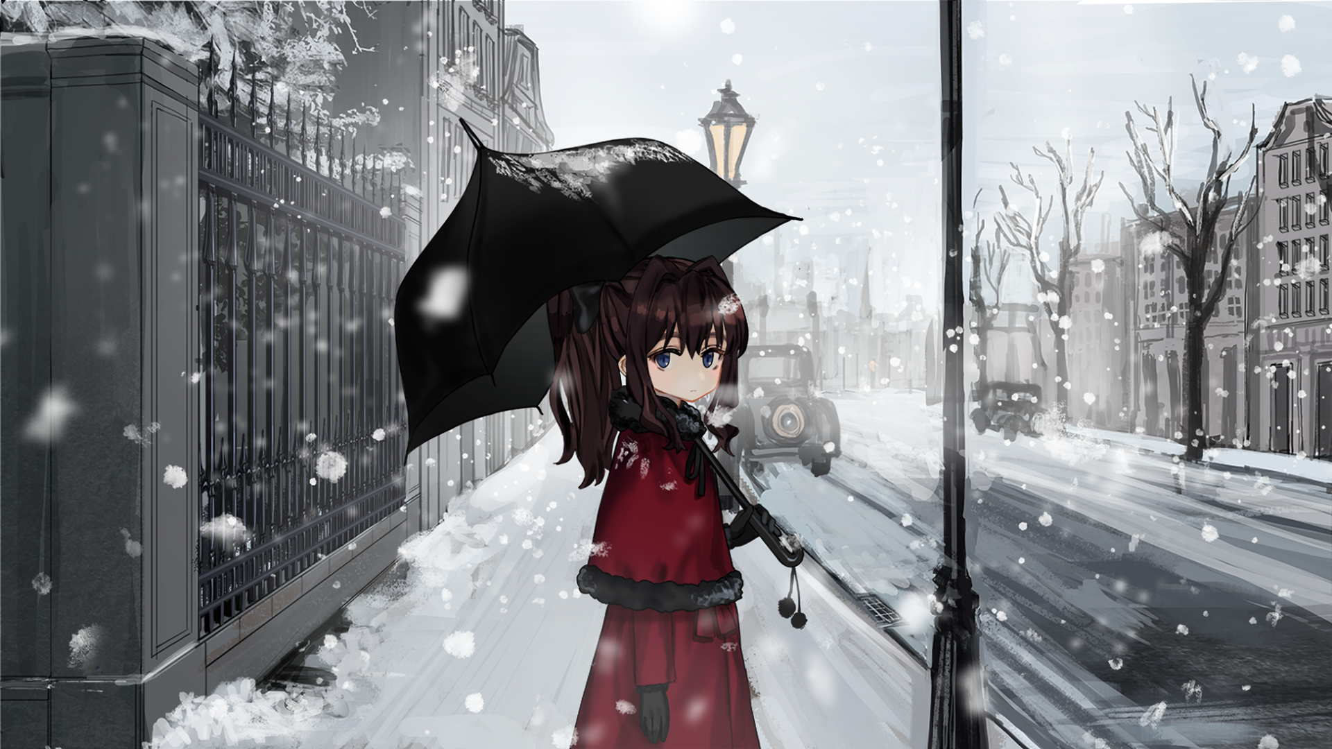 Anime-style girl with long brown hair in a ponytail, blue eyes, red coat, and bow, holding an umbrella in a snowy city street, HD desktop wallpaper background.