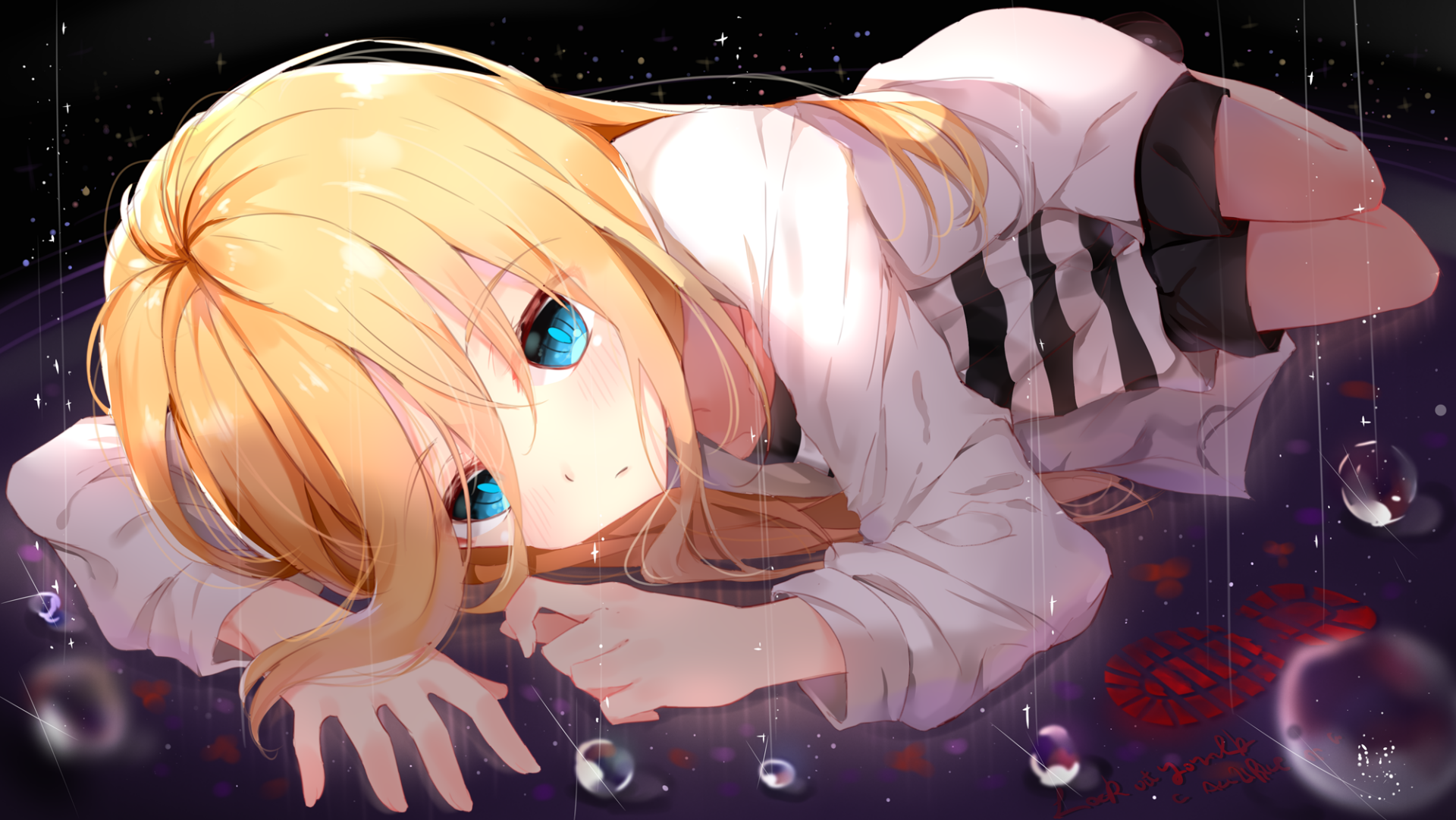 HD desktop wallpaper featuring Rachel Gardner from the anime Satsuriku no Tenshi (Angels of Death). Rachel is lying down with a reflective gaze, set against a dark, starry background.