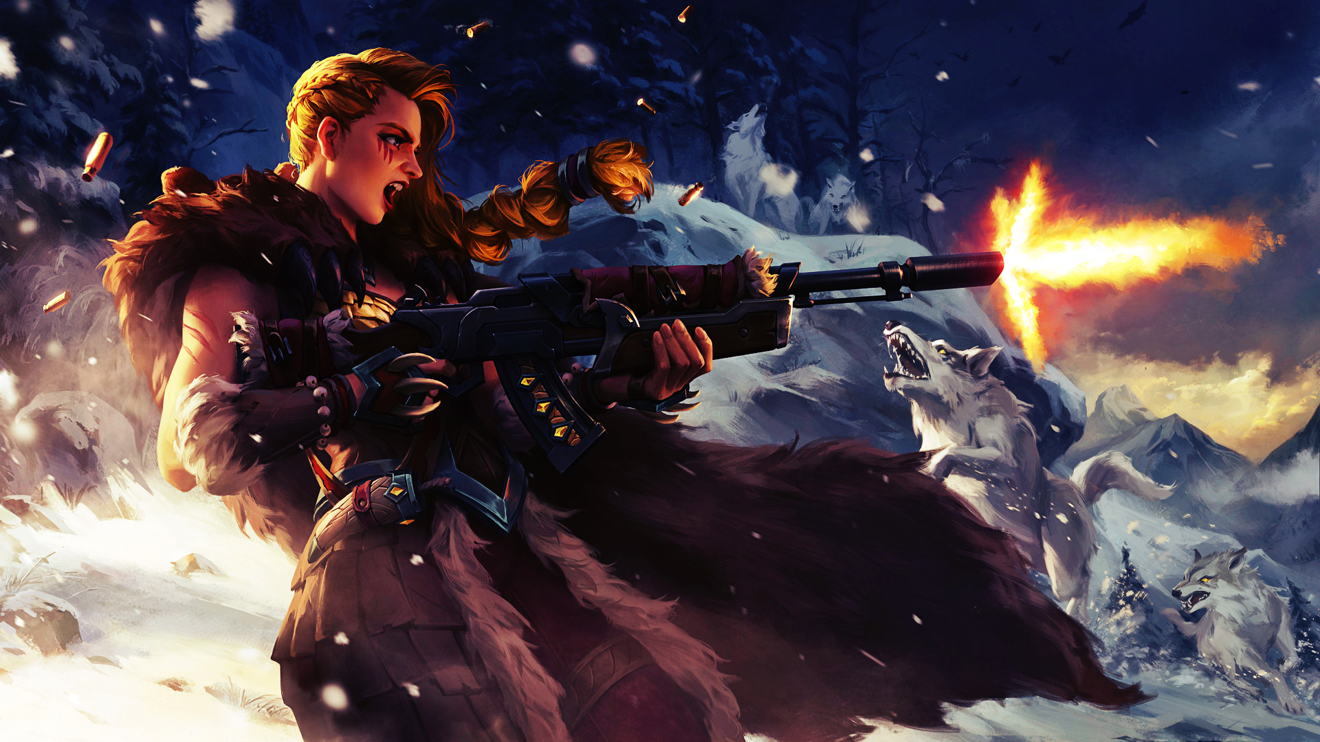 HD PC desktop wallpaper featuring Tyra from the video game Paladins, wielding a fiery gun against a snowy mountainous backdrop.
