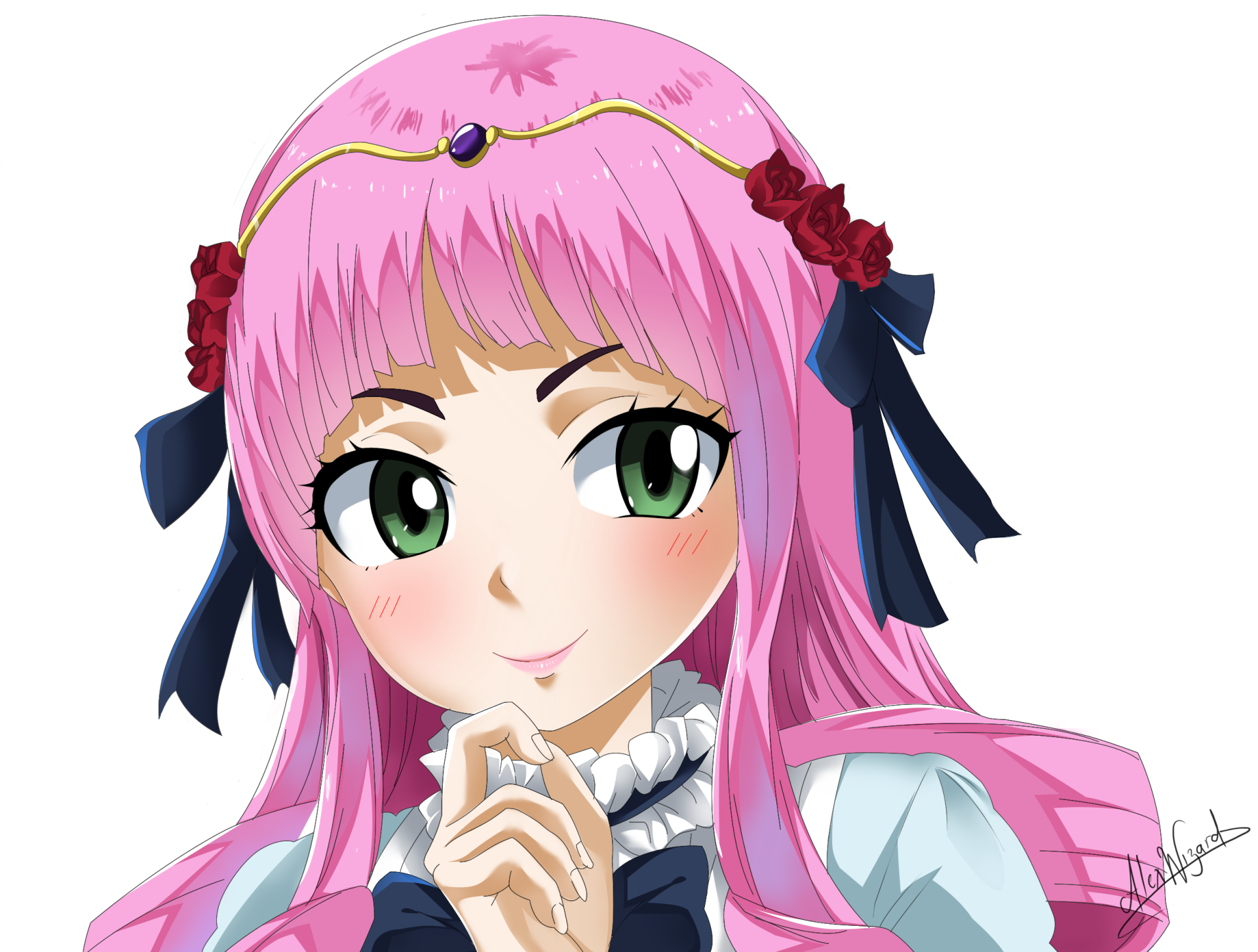 HD PC desktop wallpaper featuring Touka from the anime Fairy Tail, showcasing her pink hair, green eyes, and elegant floral accessories in vibrant anime style.