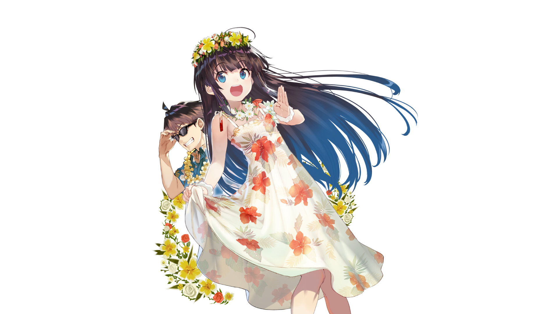 Anime original HD PC desktop wallpaper/background — cheerful girl in a floral sundress and crown with long blue hair reaching forward; a boy peeks from behind amid scattered flowers on white.