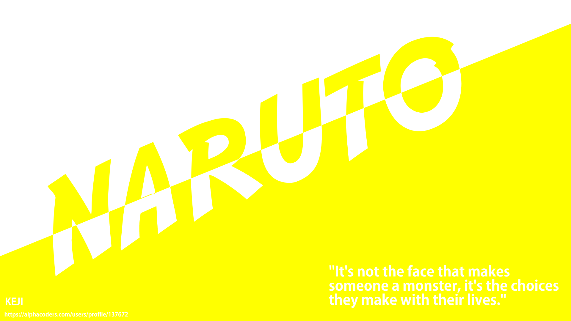 8K Ultra HD PC anime desktop wallpaper: bold diagonal yellow NARUTO text with a small motivational quote and Naruto Uzumaki–themed typography.
