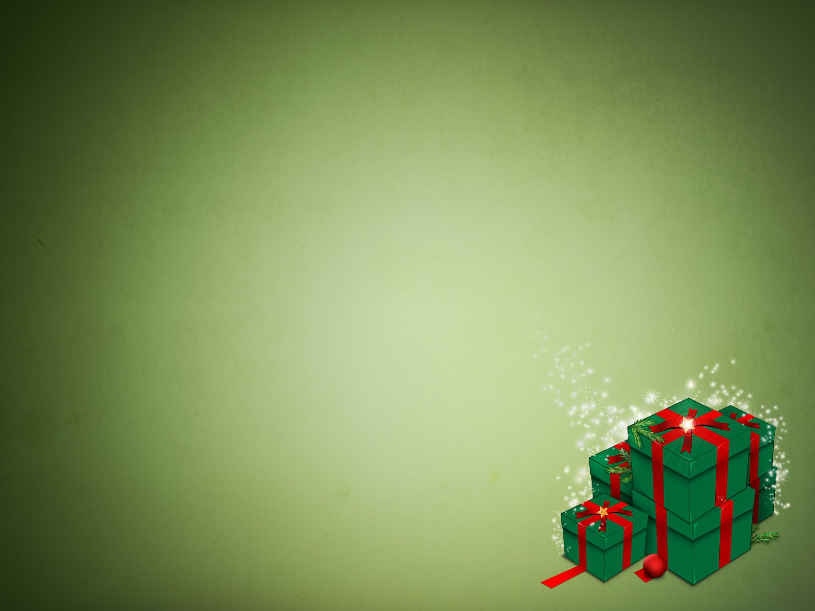 A festive desktop wallpaper featuring three green gift boxes with red ribbons, set against a soft green background, capturing the holiday spirit of Christmas.