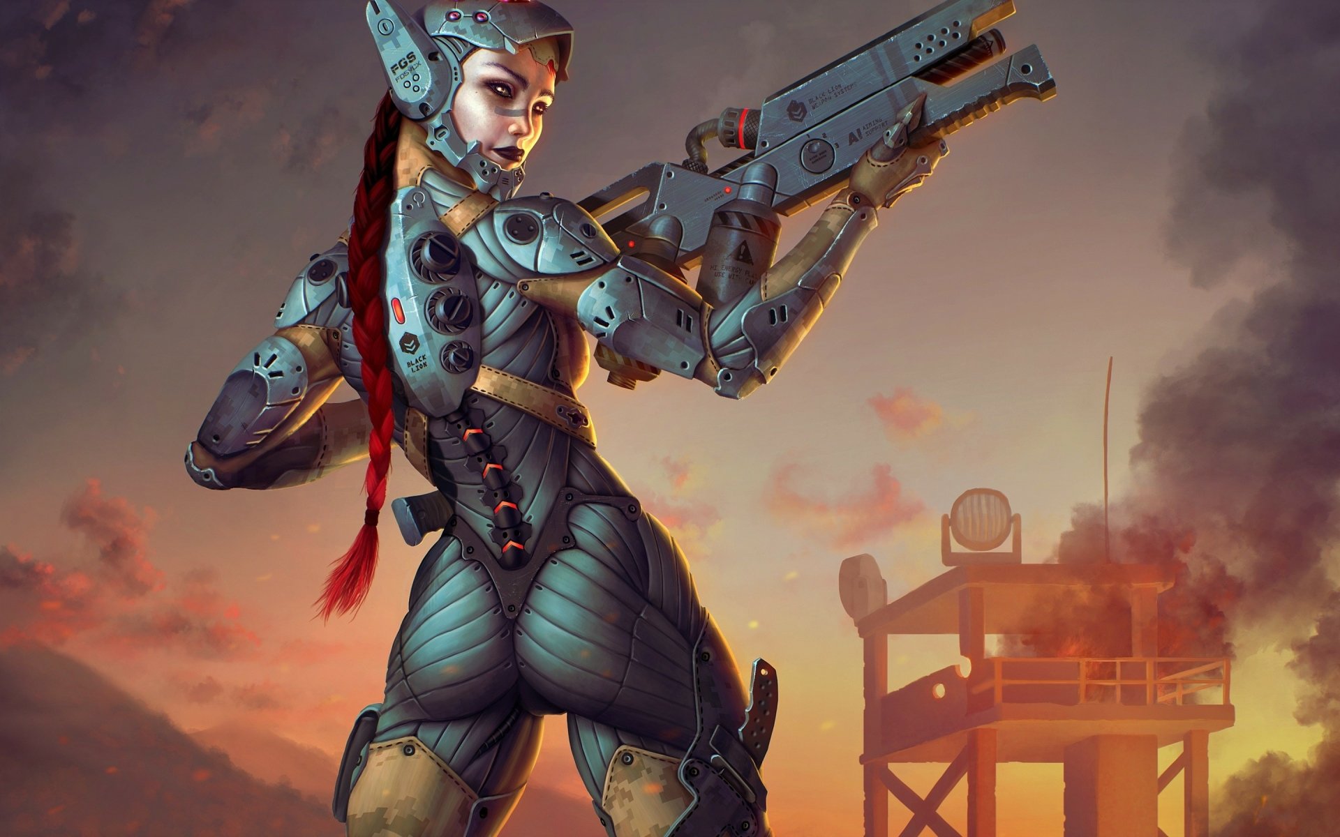 Download Woman Warrior Armor Gun Cyborg Fantasy HD Wallpaper