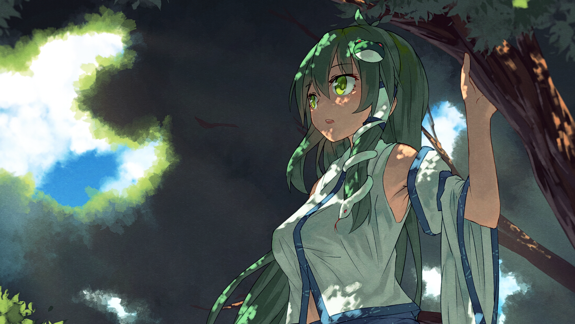 HD desktop wallpaper featuring Sanae Kochiya from the anime Touhou, showcasing her in a vibrant, nature-inspired scene with striking colors and intricate details.