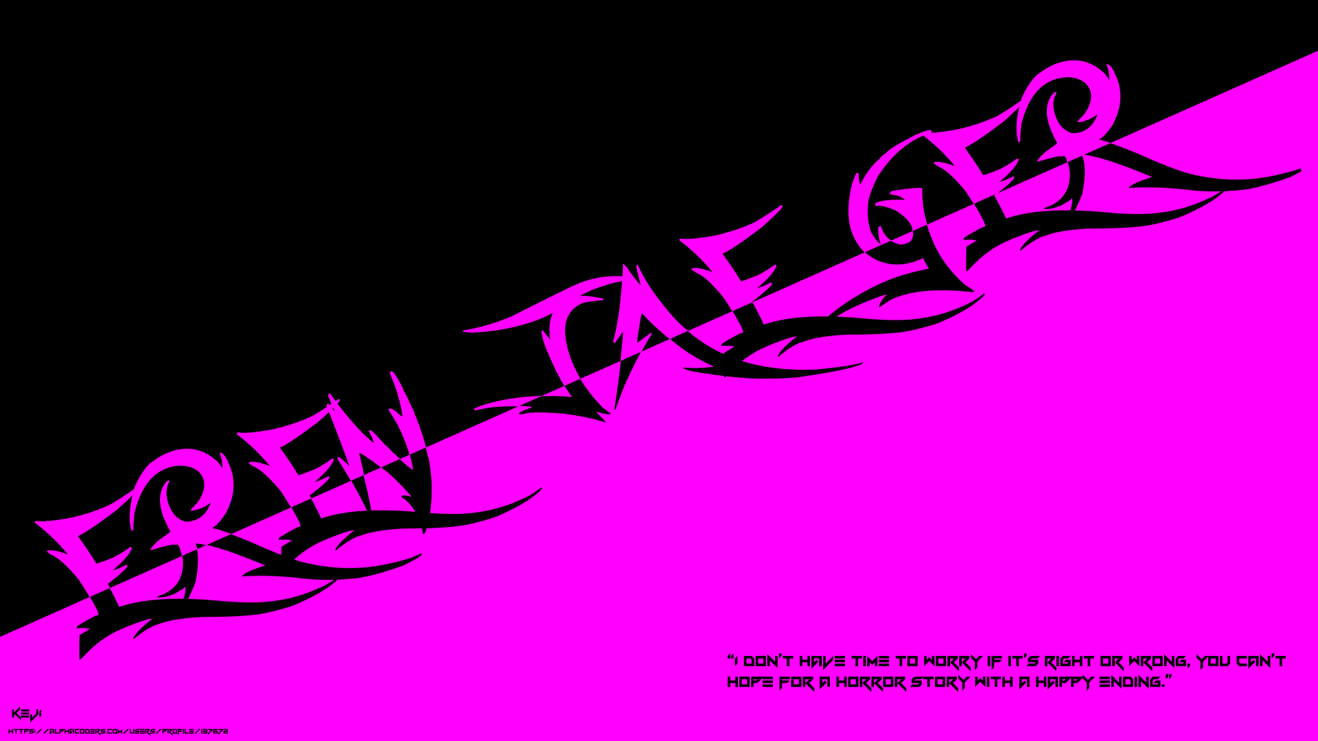 8K Ultra HD PC desktop wallpaper: bold magenta and black diagonal design with stylized Eren Yeager text repeating and a small Attack on Titan quote at the bottom.