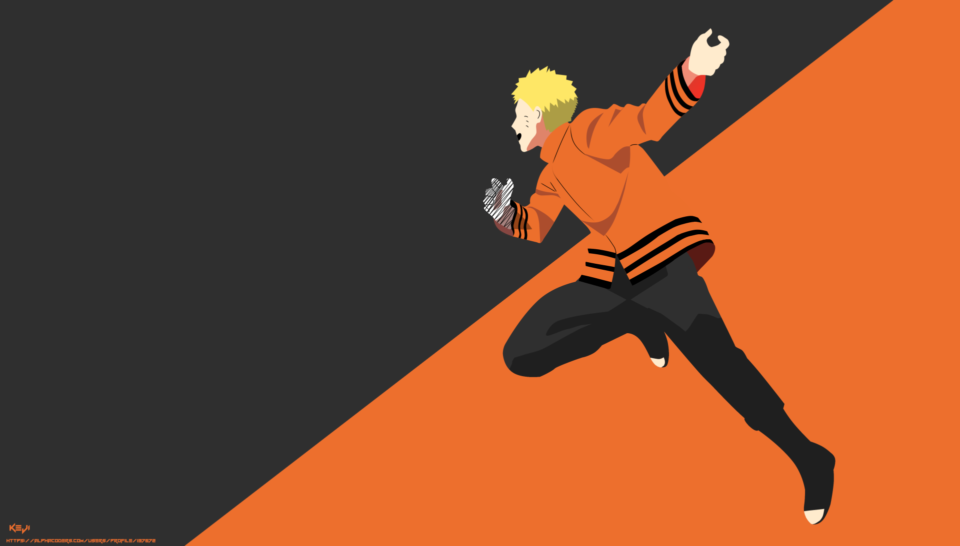 5K Ultra HD anime wallpaper of blonde Hokage Naruto Uzumaki in orange cloak mid-run across a diagonal black and orange background — Boruto series PC desktop background.