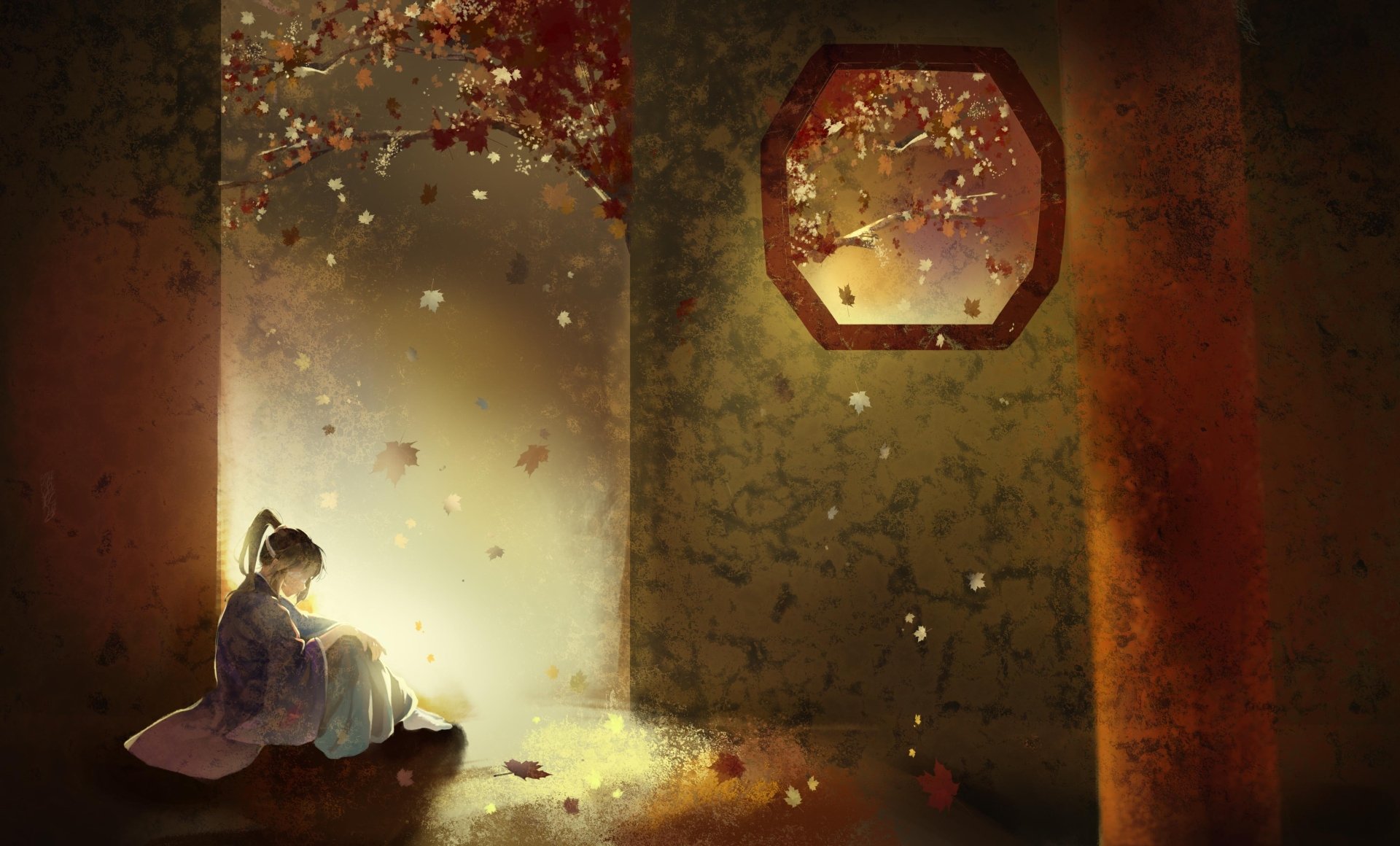 Anime-style original artwork of a girl with long brown hair in a ponytail, sitting quietly by an arched window, bathed in warm light, 4K Ultra HD PC desktop wallpaper.