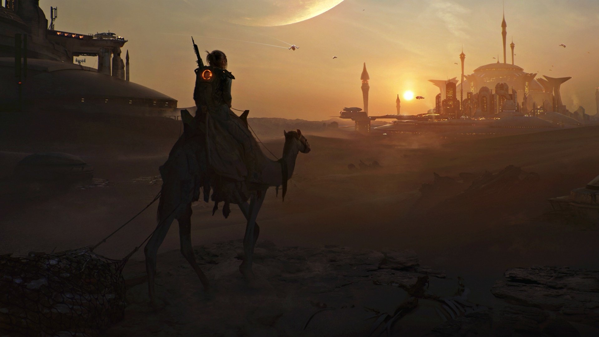 A futuristic warrior on a camel journeys through a desert landscape toward a sci-fi city at sunset, with a large planet visible in the sky. HD desktop wallpaper.