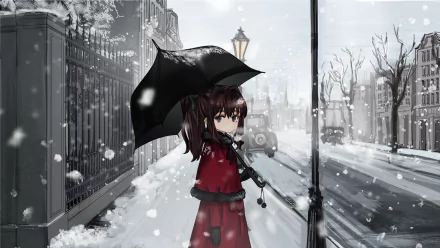 Anime-style girl with long brown hair in a ponytail, blue eyes, red coat, and bow, holding an umbrella in a snowy city street, HD desktop wallpaper background.