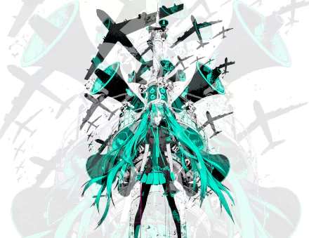 HD PC desktop wallpaper featuring Hatsune Miku in an anime style inspired by Love is War, showcasing vibrant teal tones and dynamic, futuristic design elements.
