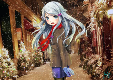 Anime character Nayuta Kani from Imouto sae Ireba Ii. is featured in a snowy Christmas scene wearing a coat, gloves, and a scarf. She has white hair, gray eyes, and stands in a festive, decorated alley.