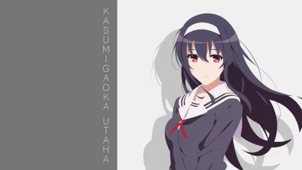 HD wallpaper of Utaha Kasumigaoka from Saekano: How to Raise a Boring Girlfriend, featuring her in a school uniform with long black hair and red eyes. Her name is written on the left side against a gray background.