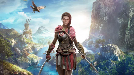 HD desktop wallpaper featuring Kassandra from Assassin's Creed Odyssey, standing ready with dual swords against a stunning mountainous and coastal backdrop.