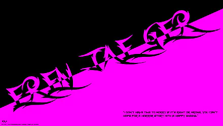 8K Ultra HD PC desktop wallpaper: bold magenta and black diagonal design with stylized Eren Yeager text repeating and a small Attack on Titan quote at the bottom.