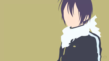 Minimalist HD anime wallpaper of Yato from Noragami, featuring his signature purple hair and white scarf on a muted background.