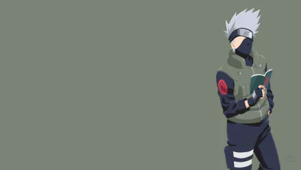 HD PC desktop wallpaper/background of Kakashi Hatake from Naruto: anime-style portrait of the masked ninja reading a small book at right against a muted green backdrop.