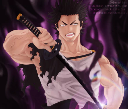 HD desktop wallpaper featuring Yami Sukehiro from Black Clover. He has black hair and an angry expression, holding a sword with dark energy swirling around him.