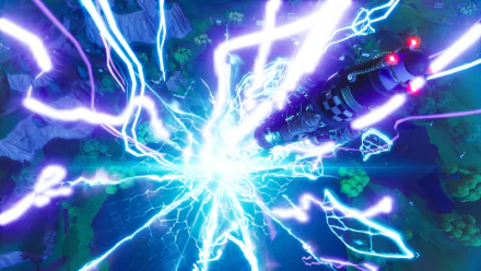 HD PC desktop wallpaper showcasing a dynamic Fortnite Battle Royale scene with vibrant blue lightning energy surging from a train in the video game Fortnite.