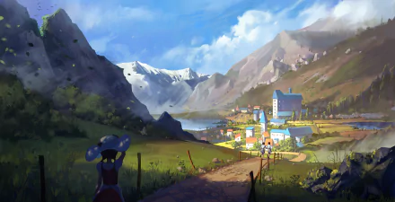 HD anime-style wallpaper depicting a picturesque village nestled between mountains, viewed over the shoulder of a character with twintails and a hat.