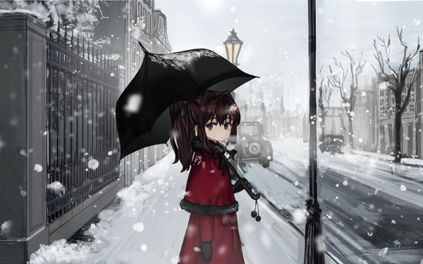 Anime Original Umbrella Snow Long Hair Ponytail Brown Hair bow Blue Eyes HD Wallpaper | Background Image