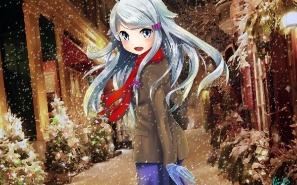 Anime Imouto sae Ireba Ii. Nayuta Kani Snow Christmas White Hair Grey Eyes Long Hair Scarf Glove Coat Wallpaper
