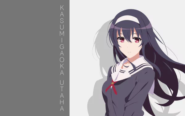 HD wallpaper of Utaha Kasumigaoka from Saekano: How to Raise a Boring Girlfriend, featuring her in a school uniform with long black hair and red eyes. Her name is written on the left side against a gray background.