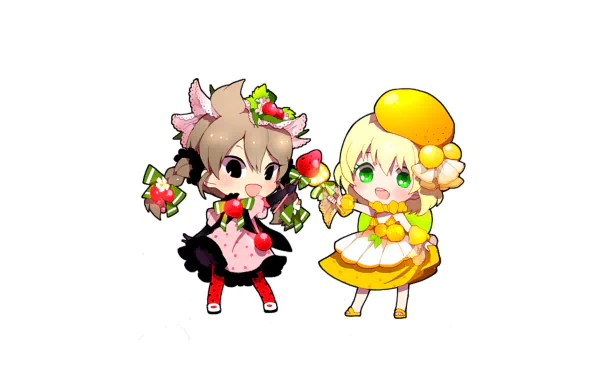 Chibi Inazuma Eleven GO anime characters from Inazuma Eleven in strawberry- and lemon-themed outfits on a white background — HD PC desktop wallpaper/background.
