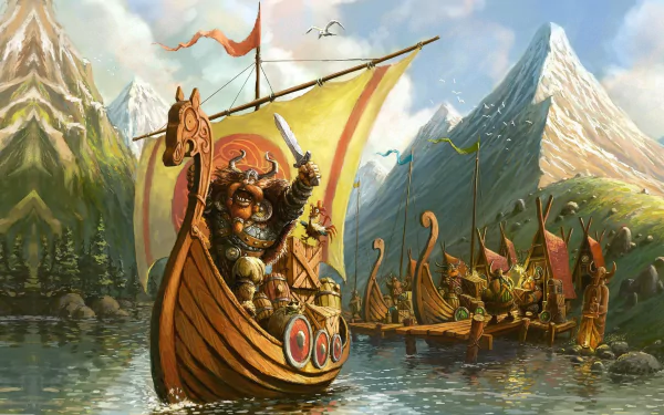 HD fantasy wallpaper depicting Viking warriors aboard drakkar ships sailing through a mountainous landscape under a bright sky.