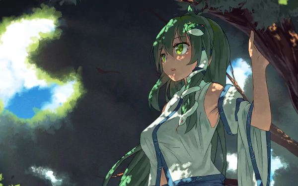 HD desktop wallpaper featuring Sanae Kochiya from the anime Touhou, showcasing her in a vibrant, nature-inspired scene with striking colors and intricate details.