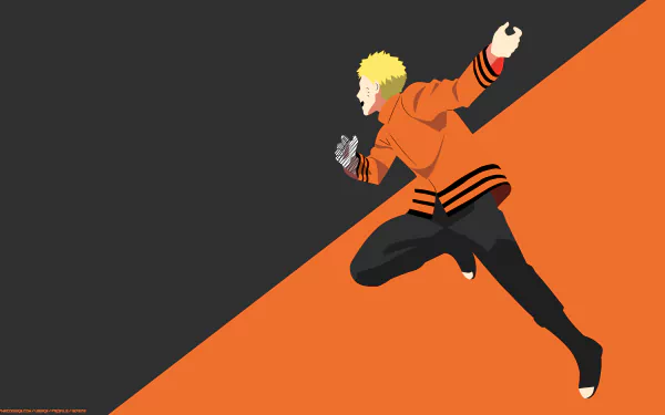 5K Ultra HD anime wallpaper of blonde Hokage Naruto Uzumaki in orange cloak mid-run across a diagonal black and orange background — Boruto series PC desktop background.