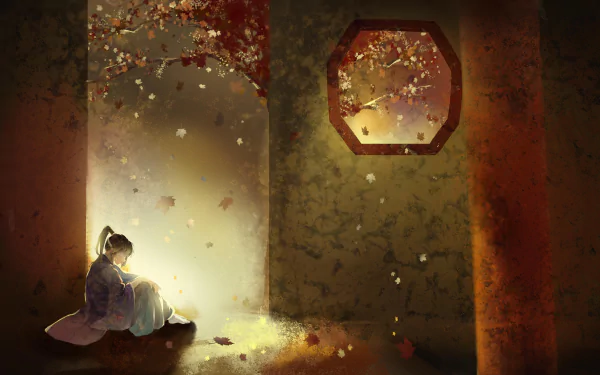 Anime-style original artwork of a girl with long brown hair in a ponytail, sitting quietly by an arched window, bathed in warm light, 4K Ultra HD PC desktop wallpaper.