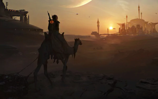 A futuristic warrior on a camel journeys through a desert landscape toward a sci-fi city at sunset, with a large planet visible in the sky. HD desktop wallpaper.