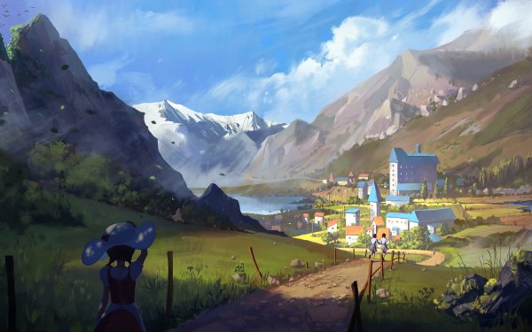 Anime Original Hat Twintails Landscape Mountain Village HD Wallpaper | Background Image