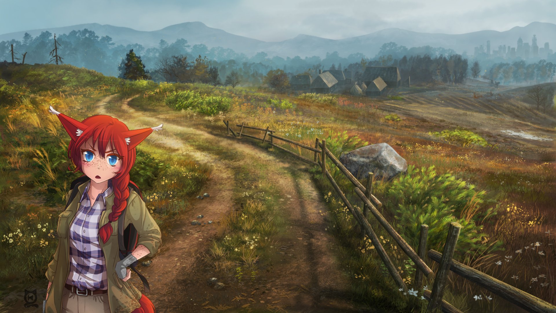 HD PC desktop wallpaper/background: comic-style kitsune fox with red braid and blue eyes stands on a winding dirt path overlooking misty, rolling hills — Replay.