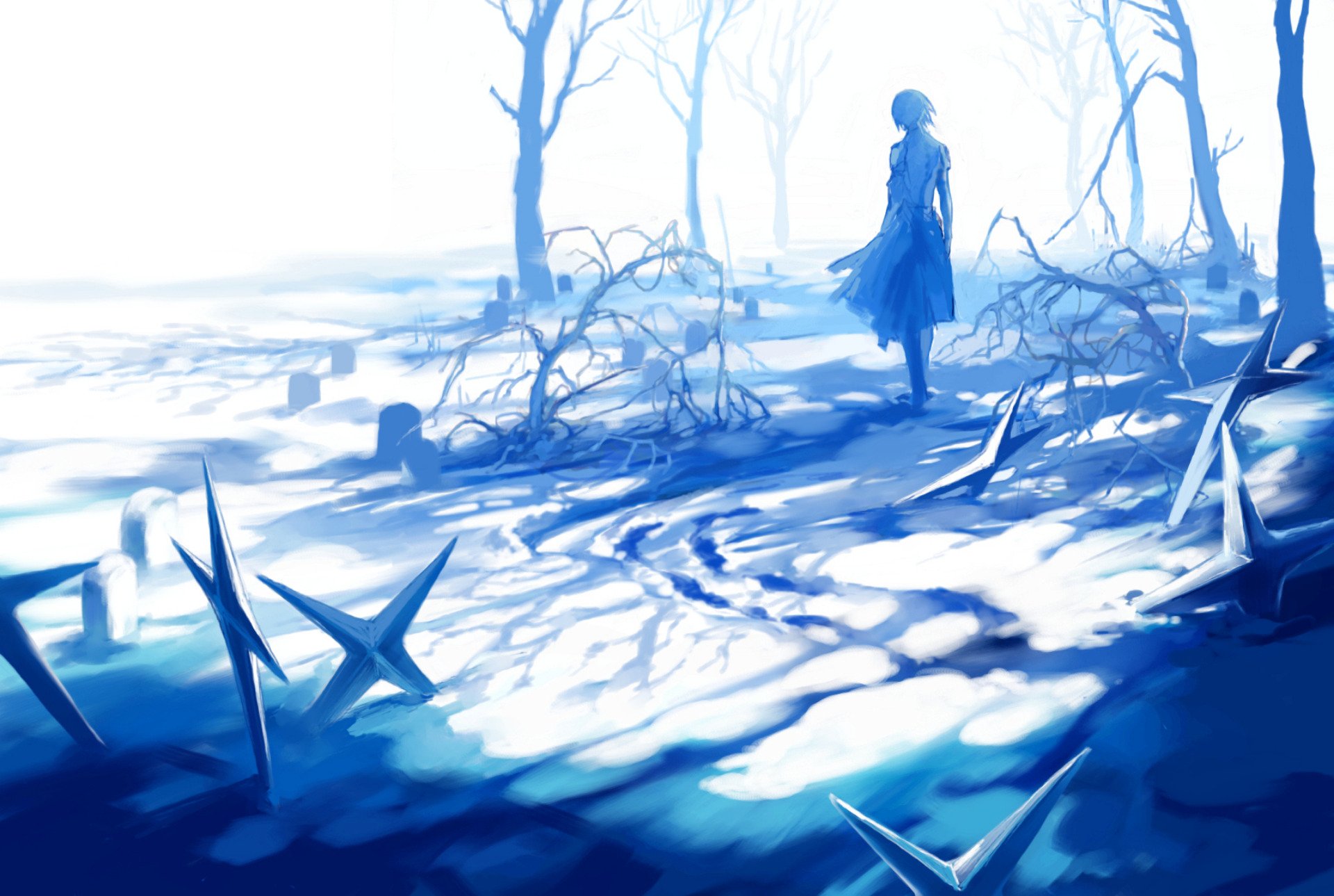 HD desktop wallpaper featuring Ken Kaneki from Tokyo Ghoul:re. The image shows Kaneki standing in a desolate, snowy forest with shadowed, leafless trees and scattered branches under a blue-toned light.