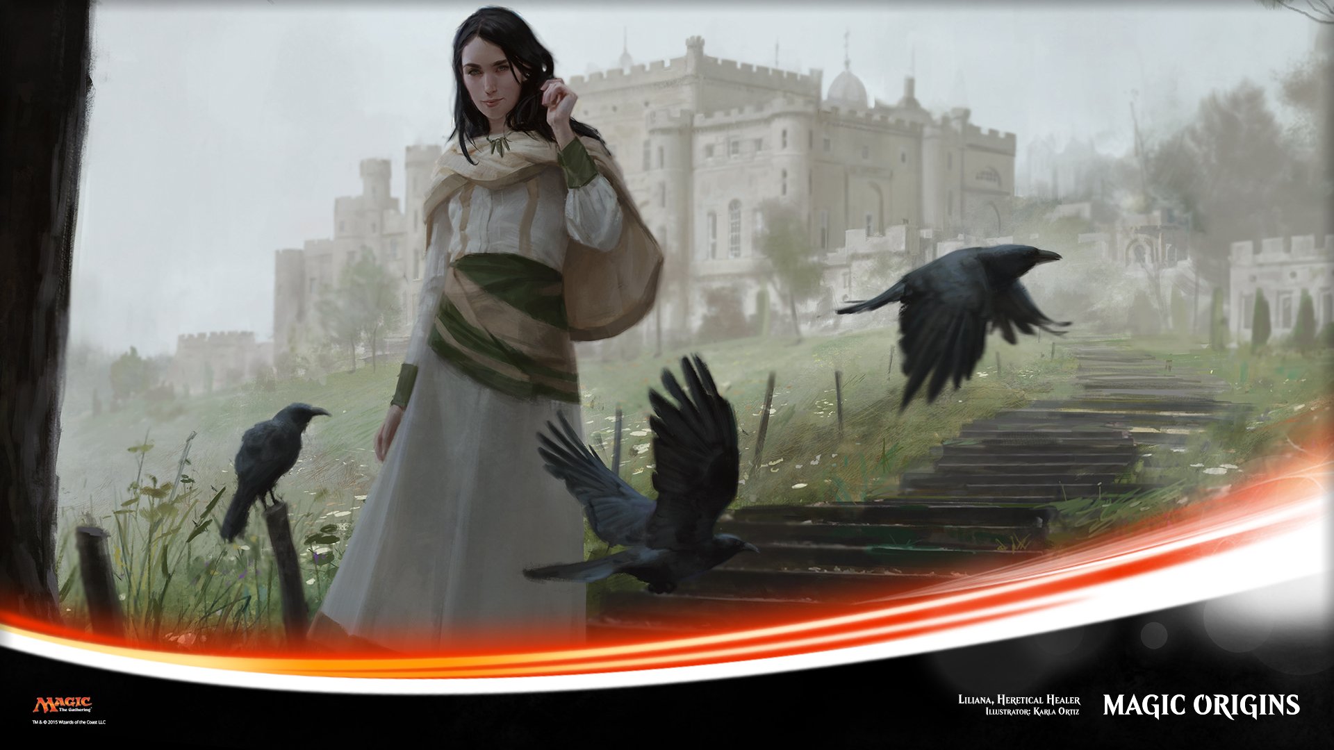 HD PC wallpaper featuring Liliana Heretical Healer, a Planeswalker from Magic Origins in Magic: The Gathering, standing near a castle with crows flying around her.
