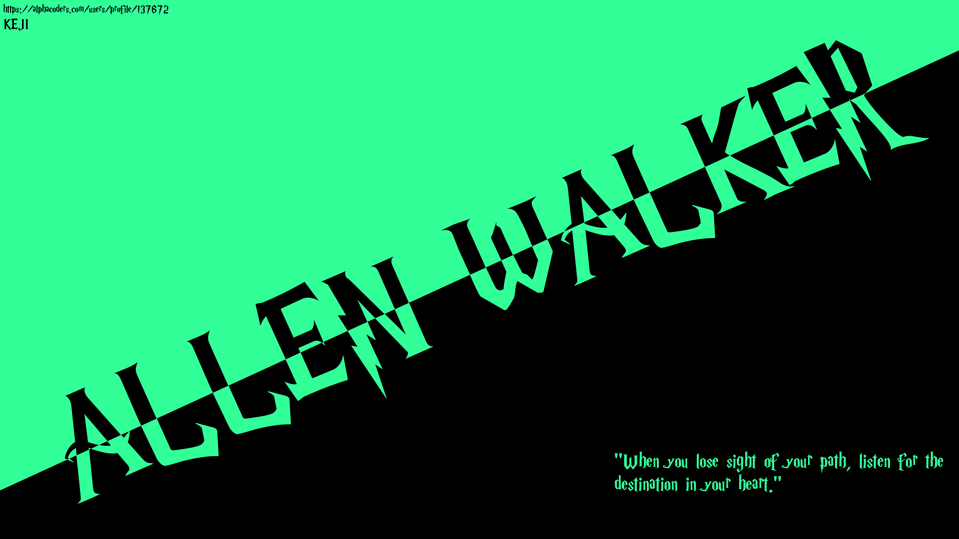 8K Ultra HD PC desktop wallpaper: neon green and black diagonal split with jagged ALLEN WALKER typography and a small quote text in the corner; anime D.Gray-man.