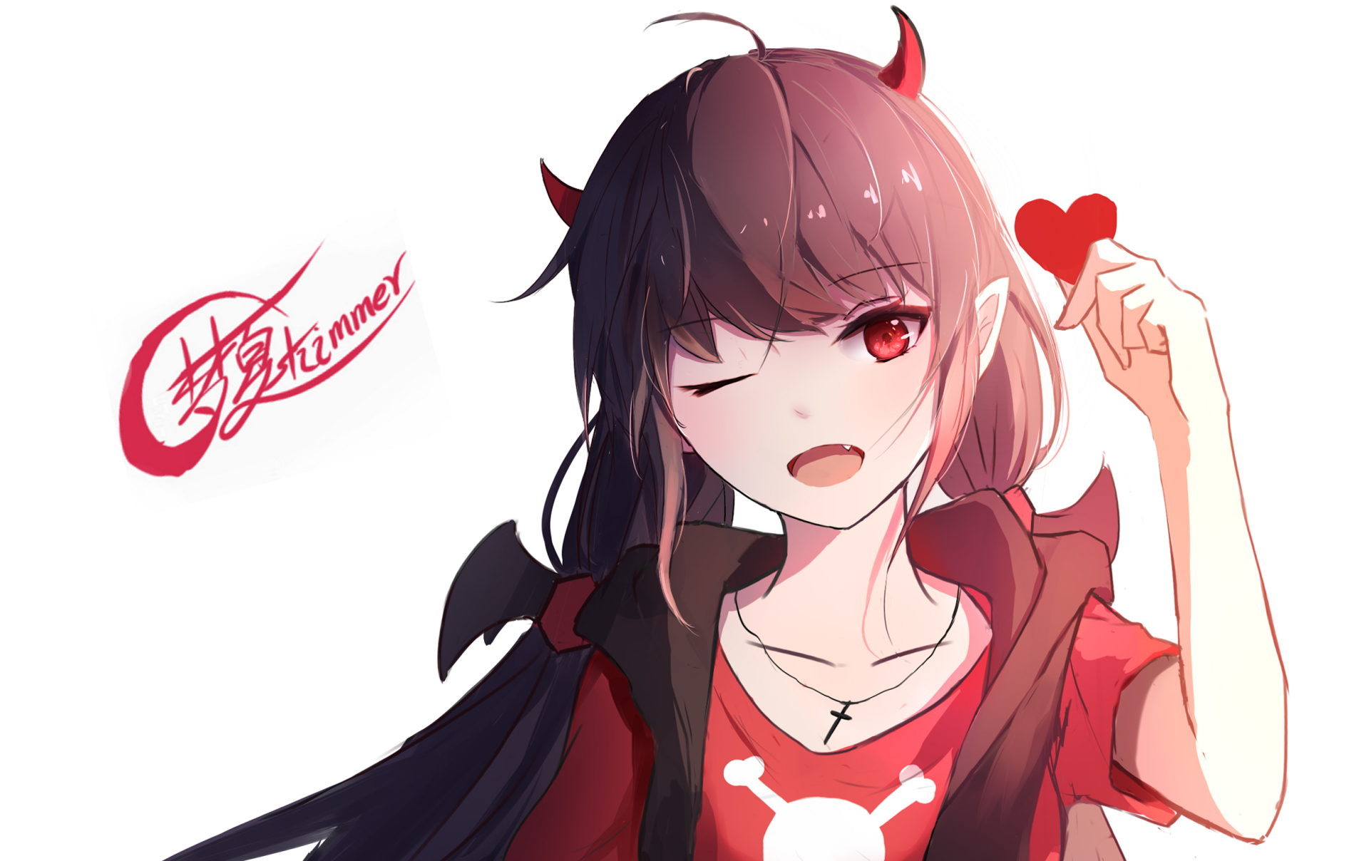 An anime girl with long hair and red eyes smiles and winks, playfully holding a heart. This vibrant HD image serves as an engaging desktop wallpaper and background.