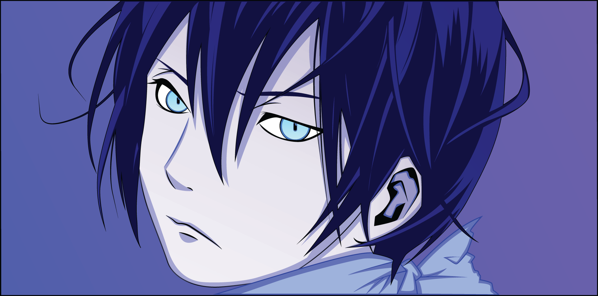 4K Ultra HD anime wallpaper featuring Yato from Noragami with striking blue eyes and dark hair, designed for PC desktop backgrounds.