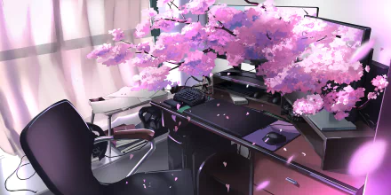 Anime-style original HD desktop wallpaper: a serene desk setup with a monitor, keyboard, and chair, enhanced by blooming pink cherry blossoms extending across the workspace.