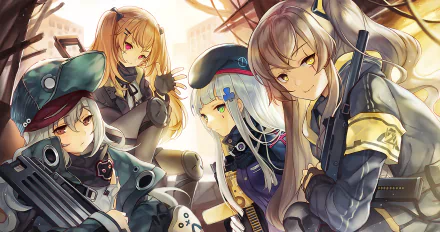 HD PC desktop wallpaper featuring G11, HK416, UMP45, and UMP9 from the video game Girls Frontline in a dynamic, detailed anime-style artwork.