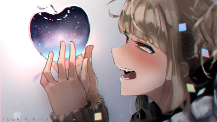 Anime character Himiko Toga from My Hero Academia, with fangs and yellow eyes, holding a galaxy apple, her blonde hair glowing and cheeks blushing. HD desktop wallpaper and background.