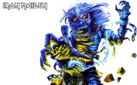 A vibrant HD desktop wallpaper featuring iconic Iron Maiden artwork, showcasing a colorful, electrifying creature surrounded by dynamic elements.