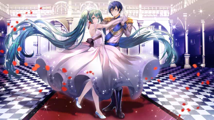 HD PC desktop wallpaper featuring Hatsune Miku and Kaito from Vocaloid, dressed elegantly and dancing in a grand, illuminated ballroom setting.