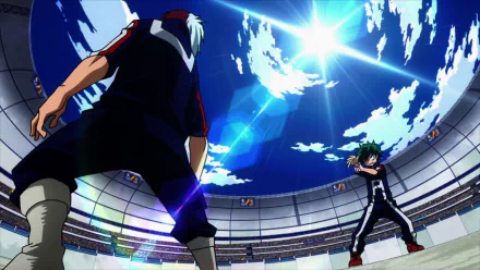 HD PC desktop wallpaper — My Hero Academia anime: Izuku Midoriya and Shoto Todoroki face off in a stadium beneath a brilliant blue sky.