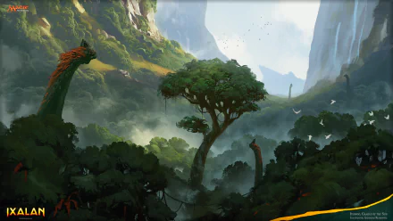 HD desktop wallpaper depicting Itlimoc, Cradle of the Sun from Magic: The Gathering’s Ixalan, featuring lush forest landscape and towering man-made structures.