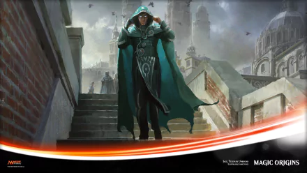 HD desktop wallpaper of Jace, the Telepath Unbound planeswalker wizard from Magic: The Gathering's Magic Origins set, standing in a detailed urban fantasy setting.