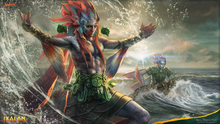 HD desktop wallpaper featuring Kopala, Warden of Waves, a Merfolk wizard from Ixalan in Magic: The Gathering, commanding the ocean waves with dynamic water effects.